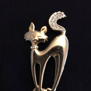 Gold Cat Brooch with Rhinestones